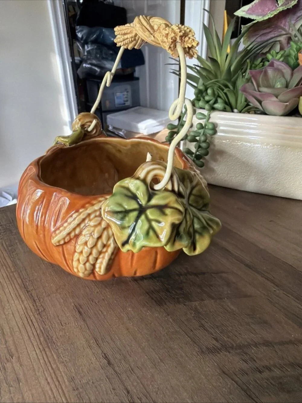 Vintage Ceramic Pumpkin Harvest Basket With Wheat Stalk Motif On The Handle